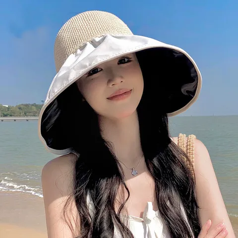 Women Summer Anti-UV Sun Hat Large Brim Empty Top Foldable Ponytail Beach Sun Hat