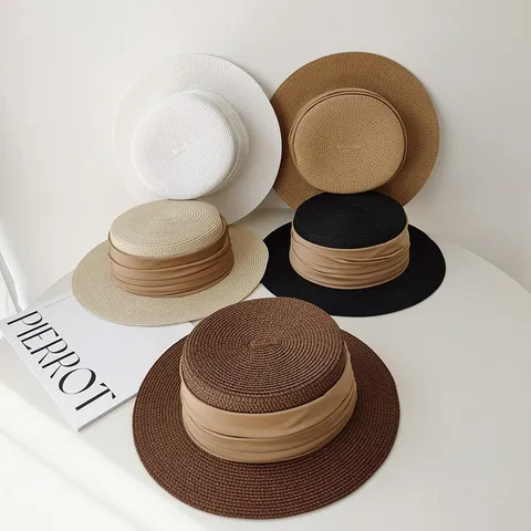 Women's French Flat Top Straw Hat Summer Sun Protection Wide Brim Beach Casual Woven Sunhat Ribbon Hat