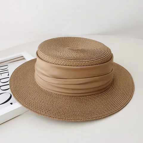 Women's French Flat Top Straw Hat Summer Sun Protection Wide Brim Beach Casual Woven Sunhat Ribbon Hat