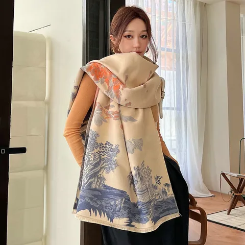 Winter Thickened Imitation Cashmere Scarf For Women Vintage Landscape Print Warm Large Shawl Fashion Versatile Scarf