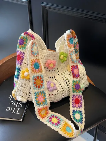 Handmade Crochet Sunflower Shoulder Bag Large Capacity Floral Woven Tote For Women Summer Beach Vacation Bohemian Style Casual Bag