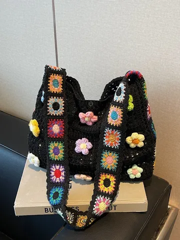 Handmade Crochet Sunflower Shoulder Bag Large Capacity Floral Woven Tote For Women Summer Beach Vacation Bohemian Style Casual Bag