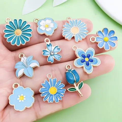 Blue Enamel Zinc Alloy Flower Charms Mixed Tulips Lilies Daisy Pendants For DIY Bracelet Necklace Jewelry Making Findings Accessories