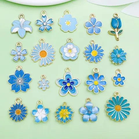 Blue Enamel Zinc Alloy Flower Charms Mixed Tulips Lilies Daisy Pendants For DIY Bracelet Necklace Jewelry Making Findings Accessories