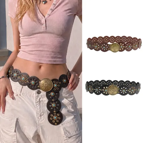 Vintage Western Cowboy PU Leather Corset Belt For Women Circular Patchwork Wide Waistband With Zinc Alloy Carved Buckle Rhinestone Turquoise Accent Decorative Dress Belt