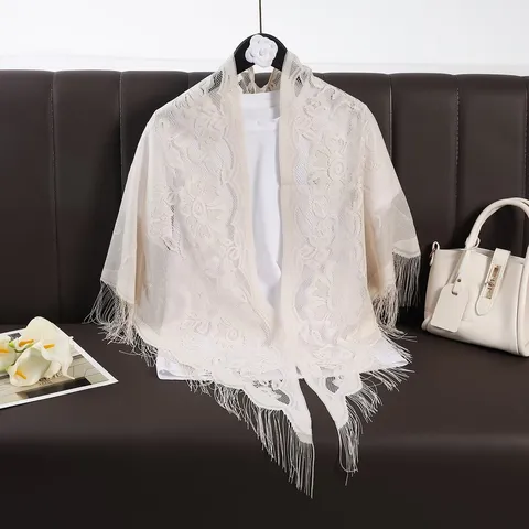 Women Lace Triangle Scarf Hollow Out Tassel Shawl Solid Color Breathable Fashion Head Wrap
