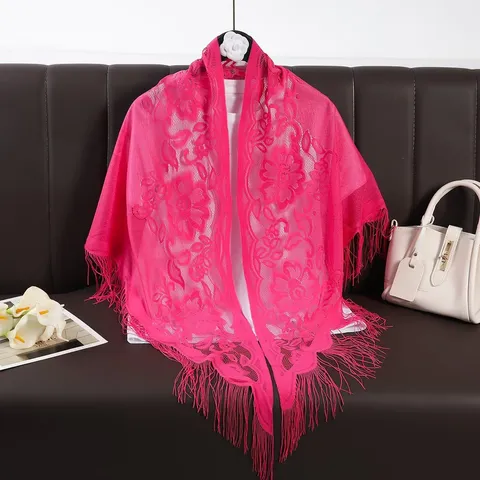 Women Lace Triangle Scarf Hollow Out Tassel Shawl Solid Color Breathable Fashion Head Wrap