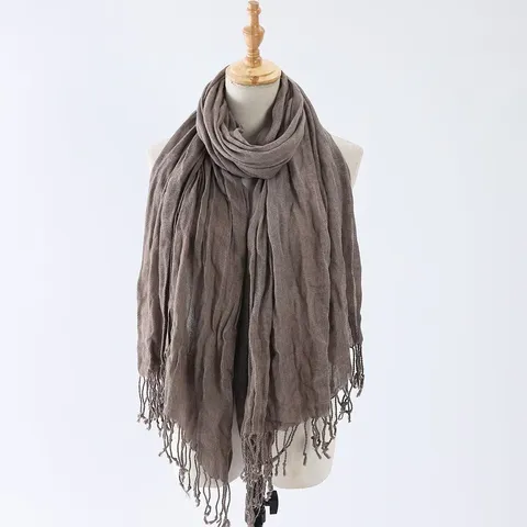 Women Fashion Solid Color Wrinkled Tassel Scarf Autumn Winter Long Polyester Shawl Multipurpose Warm Neck Wrap