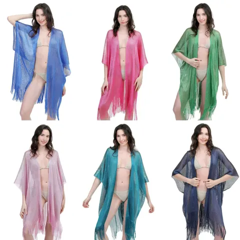 Women's Summer Beach Vacation Sunscreen Cover-Up Metallic Thread Long Shawl Cardigan Polyester Clothing