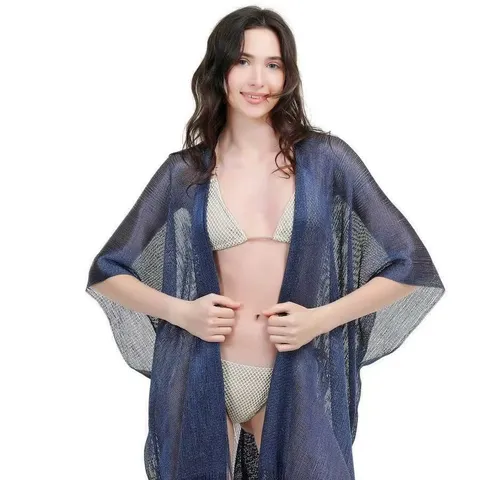 Women's Summer Beach Vacation Sunscreen Cover-Up Metallic Thread Long Shawl Cardigan Polyester Clothing