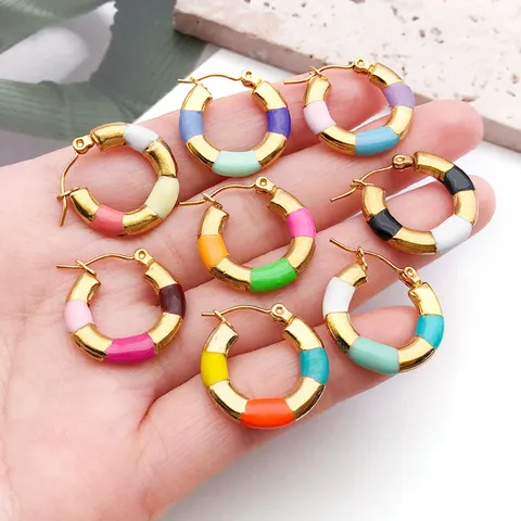 Minimalist Stainless Steel Colorful Oil Drip Bamboo Joint Hoop Earrings Geometric Titanium Steel Women Fashion Jewelry