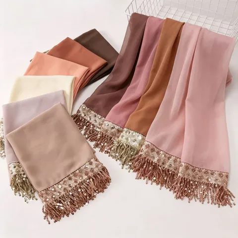 Women Chiffon Long Scarf Sequin Tassel Headscarf Ethnic Muslim Shawl Lightweight Fashion Elegant Neck Wrap