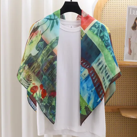 French Vintage Floral Geometric Print Square Scarf Women Lightweight Summer Sun Protection Fashion Shawl