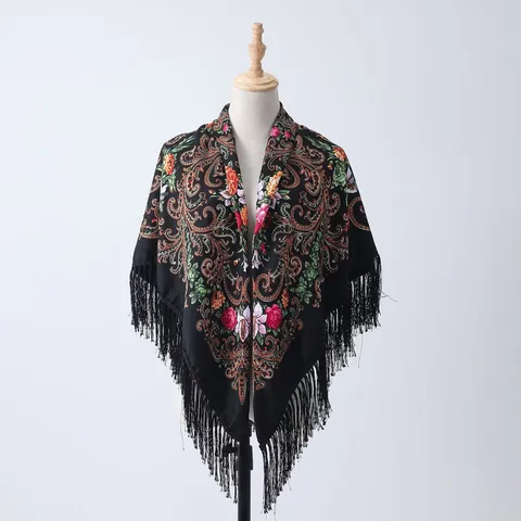 Women Ethnic Style Paisley Floral Print Square Scarf Tassel Warm Shawl Fashion Headscarf Soft Polyester Neck Wrap