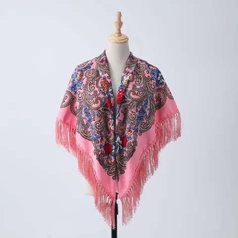 Women Ethnic Style Paisley Floral Print Square Scarf Tassel Warm Shawl Fashion Headscarf Soft Polyester Neck Wrap