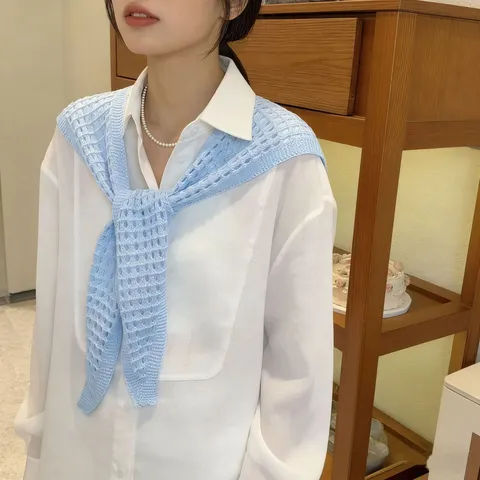 Women Hollow Out Knit Shawl False Collar Tie Up Air Conditioned Room Cape Summer Decorative Wrap Scarf