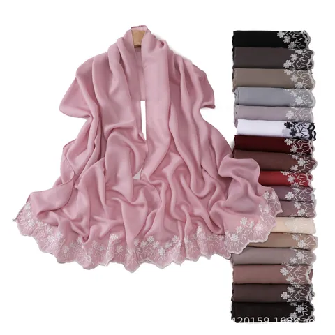 Women Floral Embroidery Chiffon Scarf Lightweight Pearl Glossy Long Shawl Sun Protection Scarf For Ladies Fashion