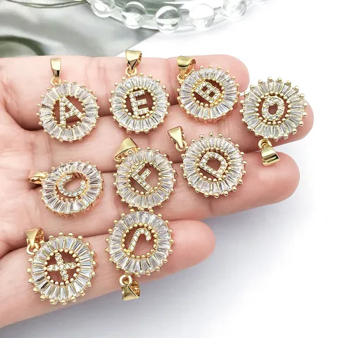 KC Gold Copper Rhinestone Round Letter Pendant DIY Bracelet Necklace Fashion Jewelry Accessories Letter Charms