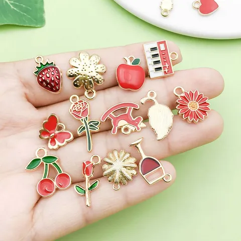 Red Oil Drop Alloy Pendant Charms Mixed Fruit Flower Leaf Charms For DIY Bracelet Necklace Jewelry Making Accessories