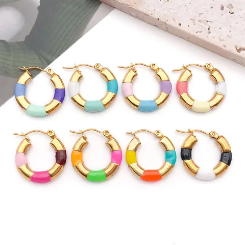 Minimalist Stainless Steel Colorful Oil Drip Bamboo Joint Hoop Earrings Geometric Titanium Steel Women Fashion Jewelry