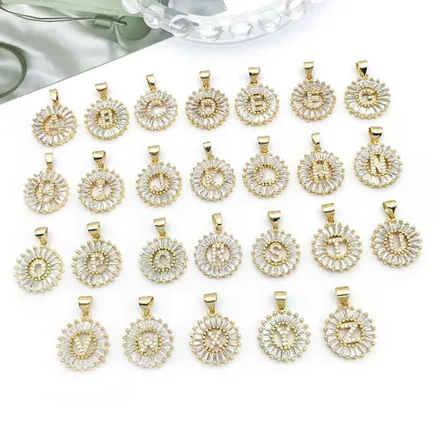 KC Gold Copper Rhinestone Round Letter Pendant DIY Bracelet Necklace Fashion Jewelry Accessories Letter Charms