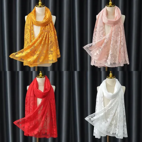 Women Fashion Lace Scarf Floral Hollow Out Lightweight Long Wrap Shawl Veil Headscarf Daily Accessories