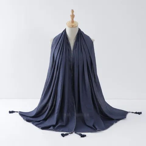 Women's Fashion Long Scarf Tassel Hanging Beads Silver Wire Rolled Edge Malay Headscarf Versatile Shawl