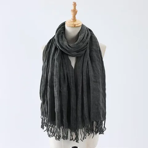 Women Fashion Solid Color Wrinkled Tassel Scarf Autumn Winter Long Polyester Shawl Multipurpose Warm Neck Wrap