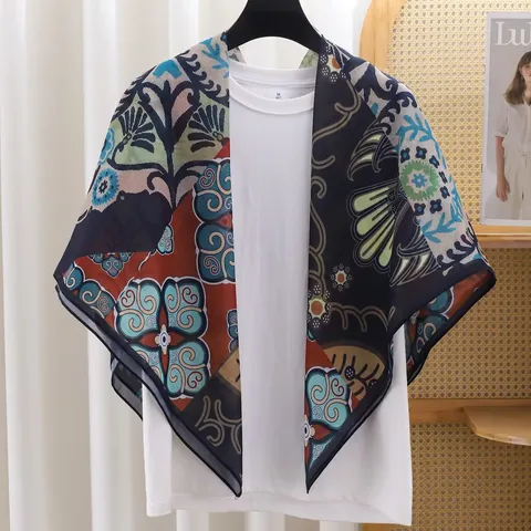 French Vintage Floral Geometric Print Square Scarf Women Lightweight Summer Sun Protection Fashion Shawl