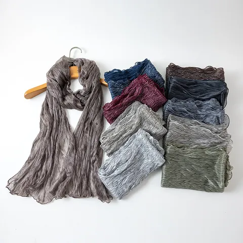 Women Pleated Striped Shiny Silk Bubble Crepe Scarf Lightweight Long Shawl Headscarf Sun Protection Fashion Accessory