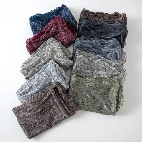 Women Pleated Striped Shiny Silk Bubble Crepe Scarf Lightweight Long Shawl Headscarf Sun Protection Fashion Accessory