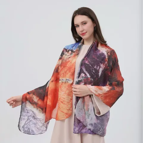Women Fashion Long Scarf Elegant Watercolor Floral Printed Satin Scarf Lightweight Soft Sun Protection Shawl Wrap
