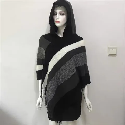 Women Hooded Cape Shawl Faux Cashmere Striped Tassel Poncho Winter Warm Sleeveless Open Front Cloak Outerwear