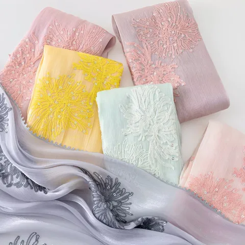 Women Scarf Lightweight Breathable Hijab Embroidered Sequin Long Shawl Floral Design Versatile Fashion Wrap Headwear