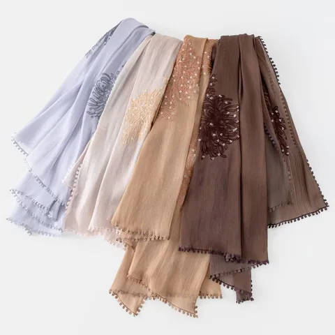 Women Scarf Lightweight Breathable Hijab Embroidered Sequin Long Shawl Floral Design Versatile Fashion Wrap Headwear