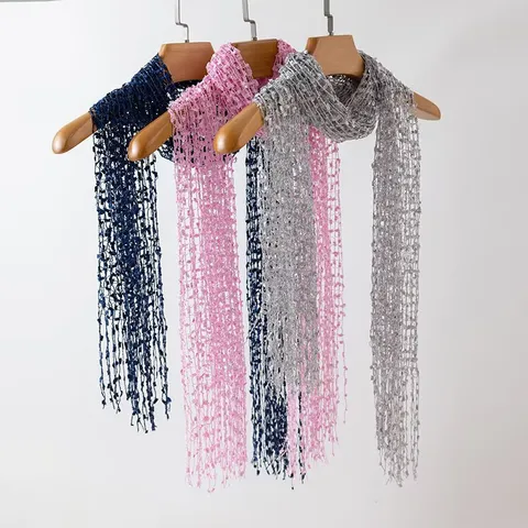 Women Fashion Sequin Tassel Scarf Hollow Out Mesh Long Shawl Versatile Decorative Evening Party Wrap