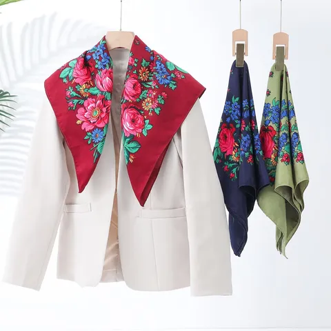 Vintage Ethnic Floral Print Square Scarf Women Fashion Polyester Lightweight Sunscreen Neck Scarf Shawl Headscarf