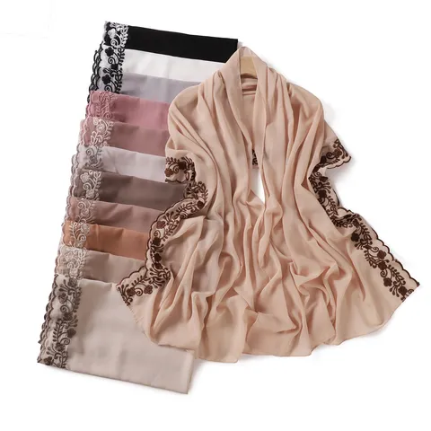Women Chiffon Scarf Embroidered Lace Edge Lightweight Sun Protection Shawl Versatile Elegant Chiffon Headscarf