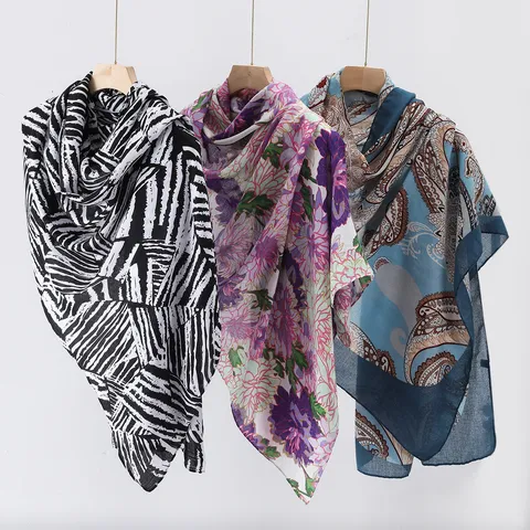 Women's Lightweight Herringbone Scarf Vintage Floral Print Sun Protection Long Shawl Breathable Summer Beach Scarf