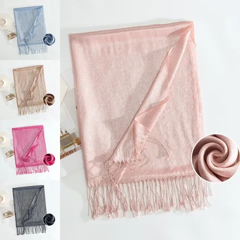 Women Solid Color Tassel Long Scarf Spring Autumn Warm Shawl Metallic Silk Fashion Scarf