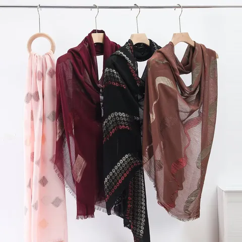 Women Fashion Cut Out Print Cotton Blend Tassel Scarf Casual Long Shawl Lightweight Head Scarf Wrap
