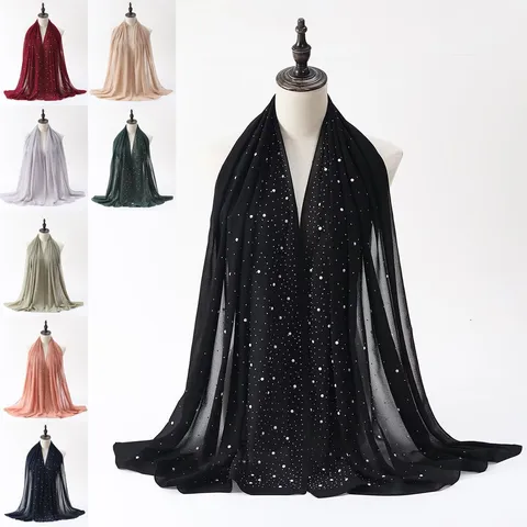 Women Fashion Chiffon Scarf Hijab Head Cover Shawl with Pearls and Hot Drill Daily Casual Travel Accessories