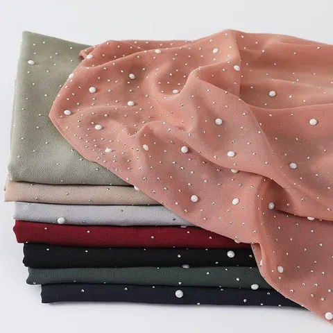Women Fashion Chiffon Scarf Hijab Head Cover Shawl with Pearls and Hot Drill Daily Casual Travel Accessories