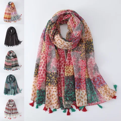 Bohemian Floral Printed Tassel Scarf Women Lightweight Long Shawl Beach Vacation Sun Protection Wrap Fashion Scarf