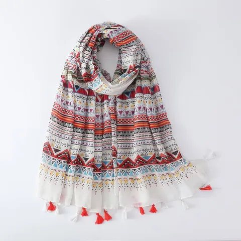 Bohemian Floral Printed Tassel Scarf Women Lightweight Long Shawl Beach Vacation Sun Protection Wrap Fashion Scarf