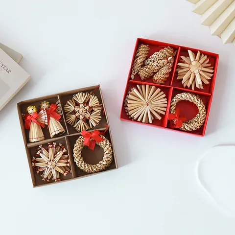 Handgeweven Stro Kersthanger Set Sneeuwvlok Ster Engel Ambacht Geschenkdoos Boom Huis Feest Decoratie