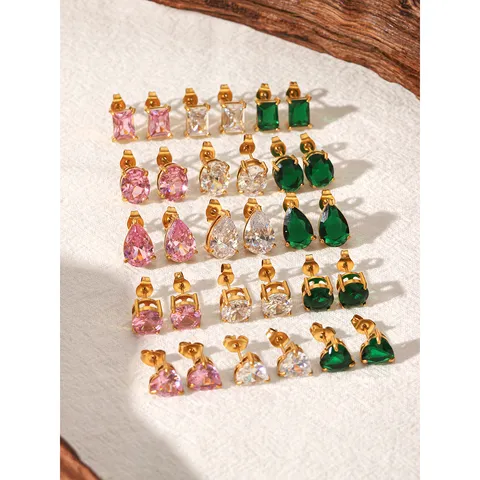 European American Stainless Steel 18K Gold Plated Zirconia Stud Earrings Colorful Geometric Heart Oval Waterdrop Jewelry