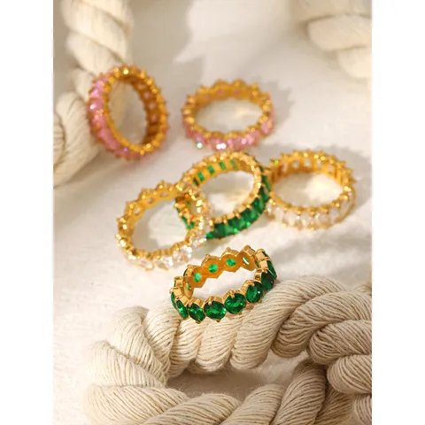 Luxury Stainless Steel Zirconia Ring For Women European Style Emerald Cut Eternity Band Stackable Colored Gemstone Finger Ring Gift