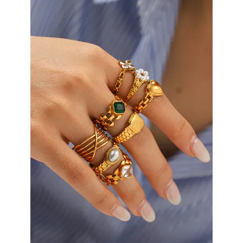 Fashion Stainless Steel Watch Band Style Ring For Women Gold Plated Geometric Open Ring Artificial Pearl Rhinestone Heart Ring Jewelry