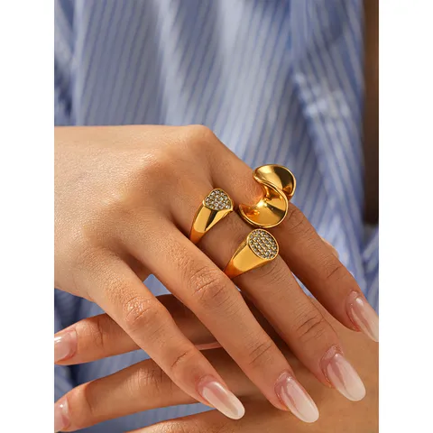Fashion Stainless Steel Casting Geometric Rings For Women Heart Square Round Inlaid Rhinestone Gold Statement Finger Ring Jewelry Gift